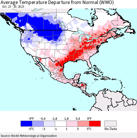 North America Average Temperature Departure from Normal (WMO) Thematic Map For 10/23/2023 - 10/29/2023