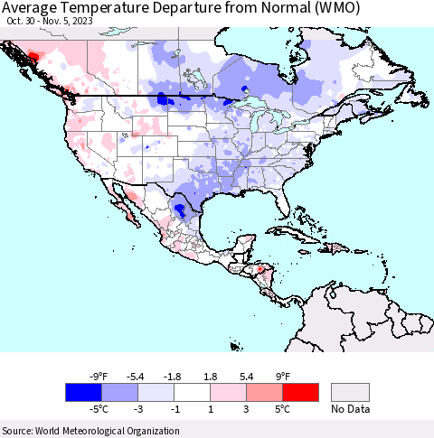 North America Average Temperature Departure from Normal (WMO) Thematic Map For 10/30/2023 - 11/5/2023