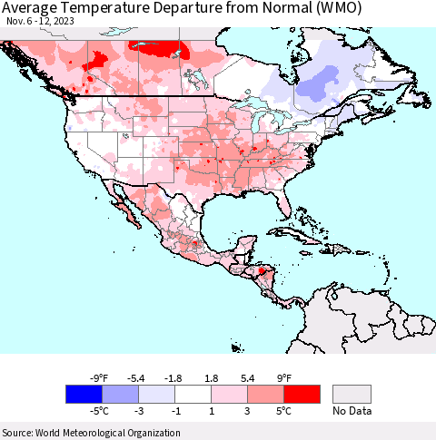 North America Average Temperature Departure from Normal (WMO) Thematic Map For 11/6/2023 - 11/12/2023