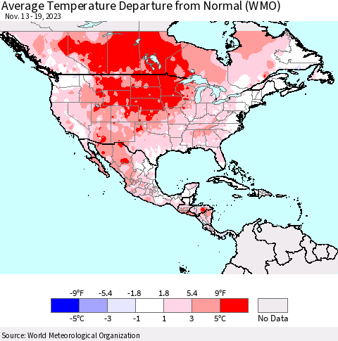 North America Average Temperature Departure from Normal (WMO) Thematic Map For 11/13/2023 - 11/19/2023