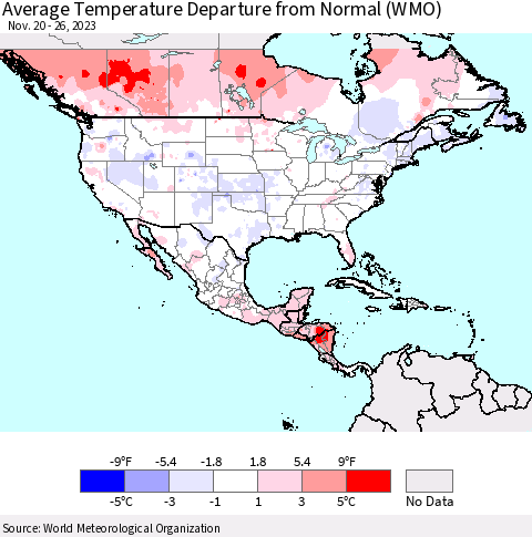 North America Average Temperature Departure from Normal (WMO) Thematic Map For 11/20/2023 - 11/26/2023