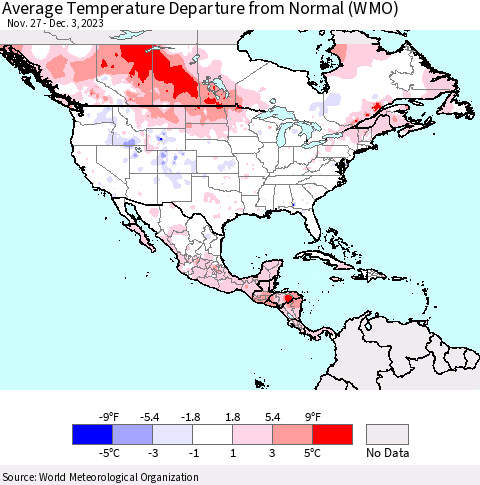 North America Average Temperature Departure from Normal (WMO) Thematic Map For 11/27/2023 - 12/3/2023