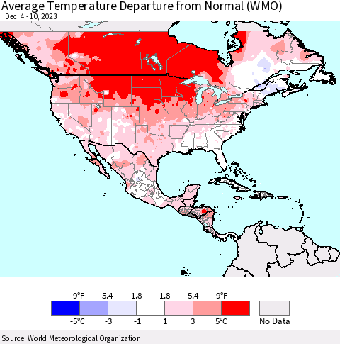 North America Average Temperature Departure from Normal (WMO) Thematic Map For 12/4/2023 - 12/10/2023