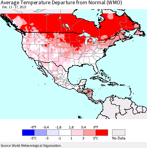 North America Average Temperature Departure from Normal (WMO) Thematic Map For 12/11/2023 - 12/17/2023
