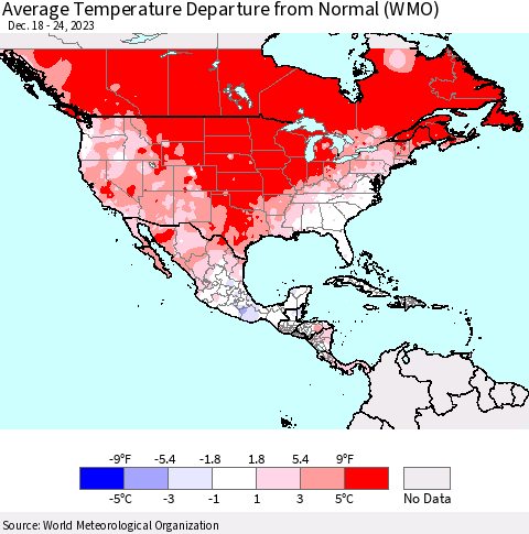 North America Average Temperature Departure from Normal (WMO) Thematic Map For 12/18/2023 - 12/24/2023