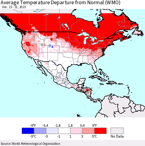 North America Average Temperature Departure from Normal (WMO) Thematic Map For 12/25/2023 - 12/31/2023