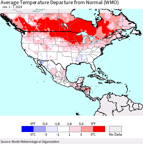 North America Average Temperature Departure from Normal (WMO) Thematic Map For 1/1/2024 - 1/7/2024