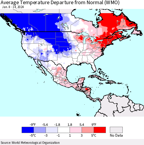 North America Average Temperature Departure from Normal (WMO) Thematic Map For 1/8/2024 - 1/14/2024