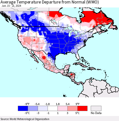 North America Average Temperature Departure from Normal (WMO) Thematic Map For 1/15/2024 - 1/21/2024