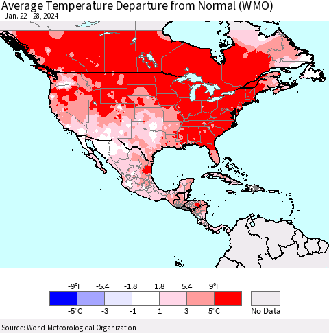 North America Average Temperature Departure from Normal (WMO) Thematic Map For 1/22/2024 - 1/28/2024