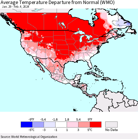 North America Average Temperature Departure from Normal (WMO) Thematic Map For 1/29/2024 - 2/4/2024