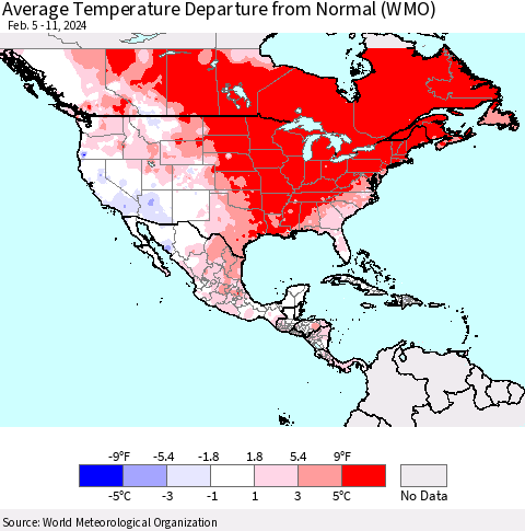 North America Average Temperature Departure from Normal (WMO) Thematic Map For 2/5/2024 - 2/11/2024