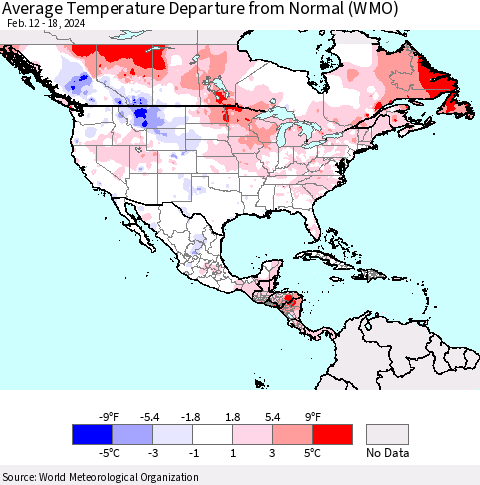 North America Average Temperature Departure from Normal (WMO) Thematic Map For 2/12/2024 - 2/18/2024