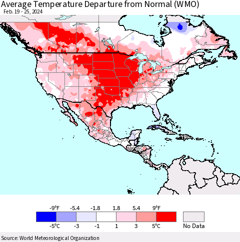 North America Average Temperature Departure from Normal (WMO) Thematic Map For 2/19/2024 - 2/25/2024