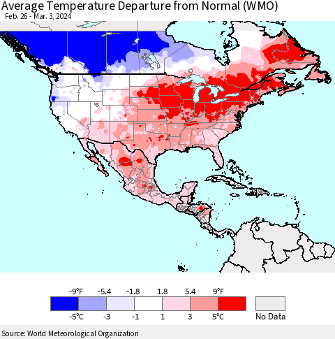 North America Average Temperature Departure from Normal (WMO) Thematic Map For 2/26/2024 - 3/3/2024