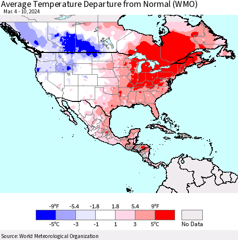 North America Average Temperature Departure from Normal (WMO) Thematic Map For 3/4/2024 - 3/10/2024