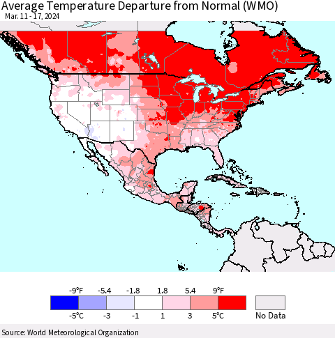 North America Average Temperature Departure from Normal (WMO) Thematic Map For 3/11/2024 - 3/17/2024