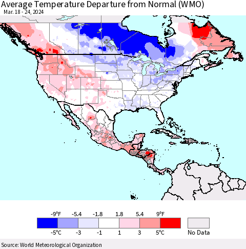North America Average Temperature Departure from Normal (WMO) Thematic Map For 3/18/2024 - 3/24/2024