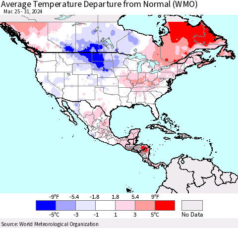 North America Average Temperature Departure from Normal (WMO) Thematic Map For 3/25/2024 - 3/31/2024
