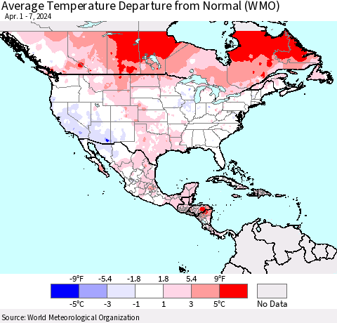 North America Average Temperature Departure from Normal (WMO) Thematic Map For 4/1/2024 - 4/7/2024