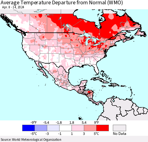North America Average Temperature Departure from Normal (WMO) Thematic Map For 4/8/2024 - 4/14/2024