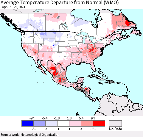 North America Average Temperature Departure from Normal (WMO) Thematic Map For 4/15/2024 - 4/21/2024