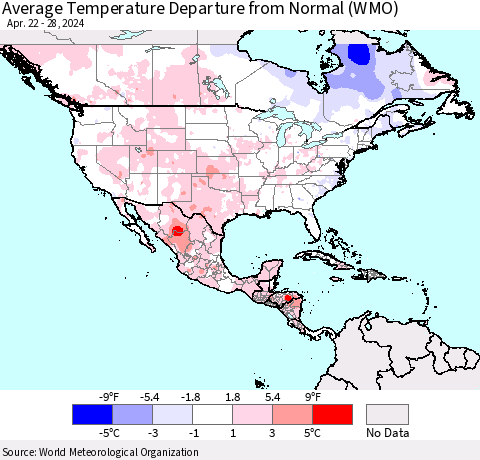 North America Average Temperature Departure from Normal (WMO) Thematic Map For 4/22/2024 - 4/28/2024