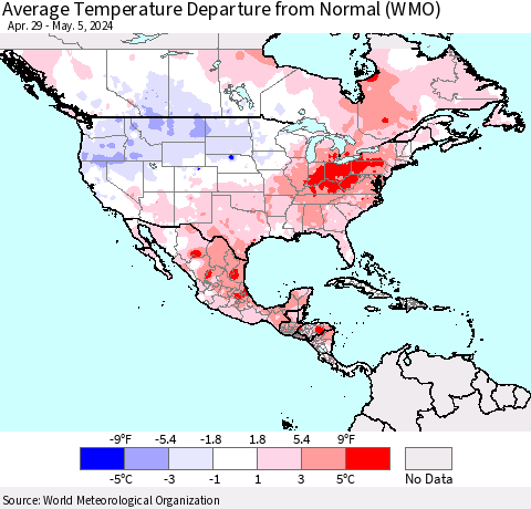 North America Average Temperature Departure from Normal (WMO) Thematic Map For 4/29/2024 - 5/5/2024