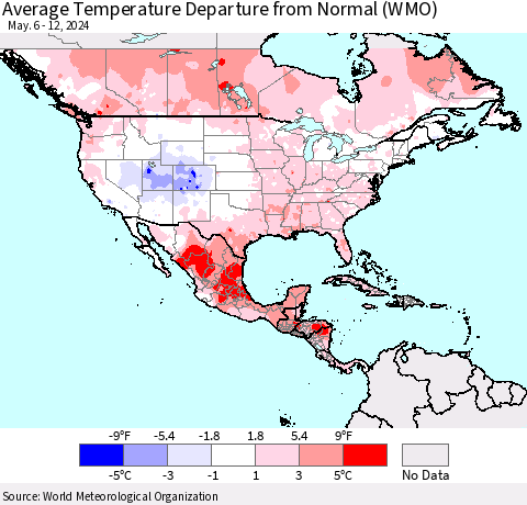 North America Average Temperature Departure from Normal (WMO) Thematic Map For 5/6/2024 - 5/12/2024