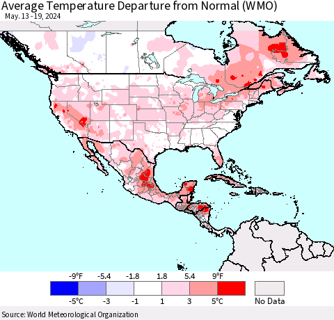 North America Average Temperature Departure from Normal (WMO) Thematic Map For 5/13/2024 - 5/19/2024