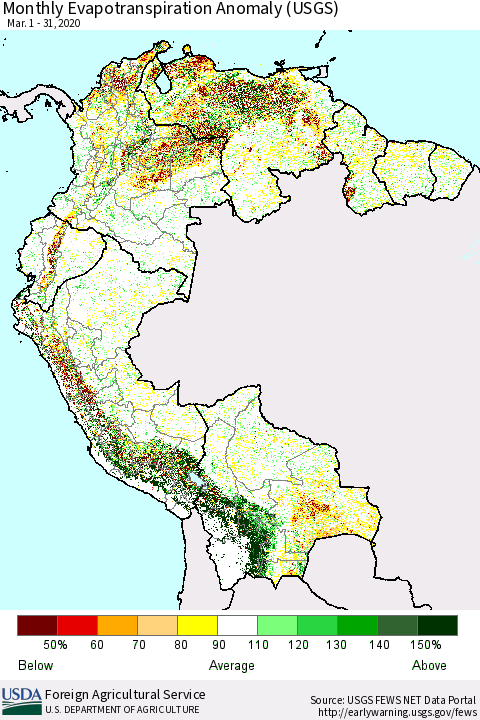 Northern South America Monthly Actual Evapotranspiration Anomaly (USGS) Thematic Map For 3/1/2020 - 3/31/2020