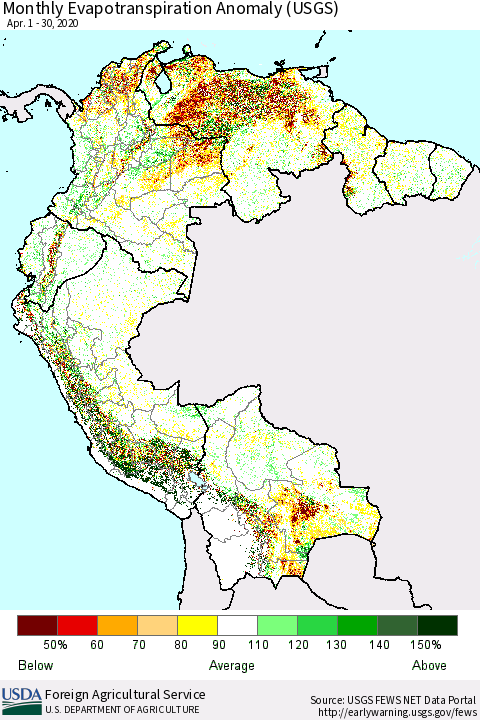 Northern South America Monthly Actual Evapotranspiration Anomaly (USGS) Thematic Map For 4/1/2020 - 4/30/2020