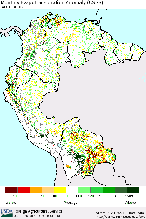 Northern South America Monthly Actual Evapotranspiration Anomaly (USGS) Thematic Map For 8/1/2020 - 8/31/2020