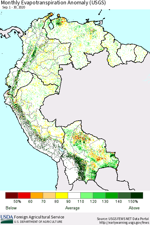 Northern South America Monthly Actual Evapotranspiration Anomaly (USGS) Thematic Map For 9/1/2020 - 9/30/2020