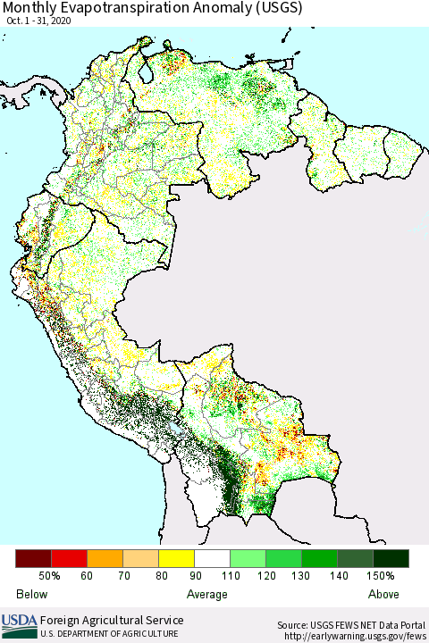 Northern South America Monthly Actual Evapotranspiration Anomaly (USGS) Thematic Map For 10/1/2020 - 10/31/2020