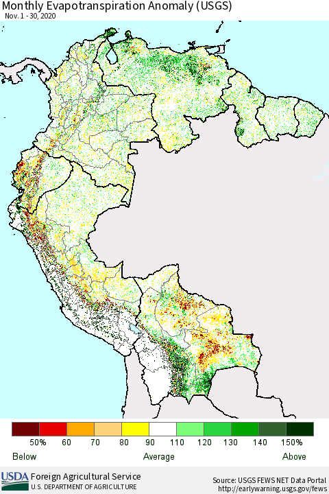 Northern South America Monthly Evapotranspiration Anomaly (USGS) Thematic Map For 11/1/2020 - 11/30/2020