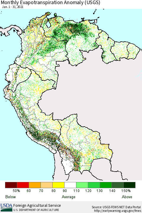 Northern South America Monthly Actual Evapotranspiration Anomaly (USGS) Thematic Map For 1/1/2021 - 1/31/2021