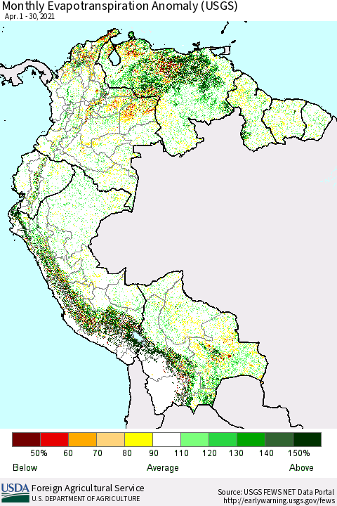 Northern South America Monthly Actual Evapotranspiration Anomaly (USGS) Thematic Map For 4/1/2021 - 4/30/2021