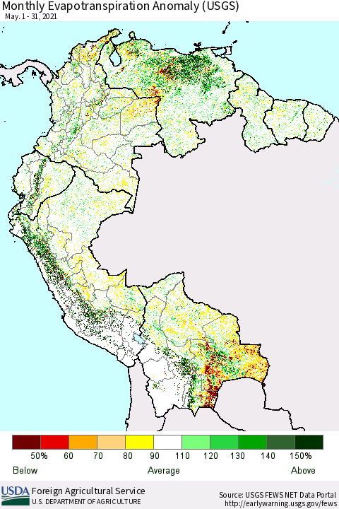 Northern South America Monthly Actual Evapotranspiration Anomaly (USGS) Thematic Map For 5/1/2021 - 5/31/2021