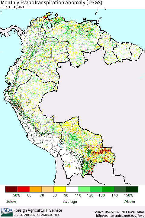Northern South America Monthly Actual Evapotranspiration Anomaly (USGS) Thematic Map For 6/1/2021 - 6/30/2021