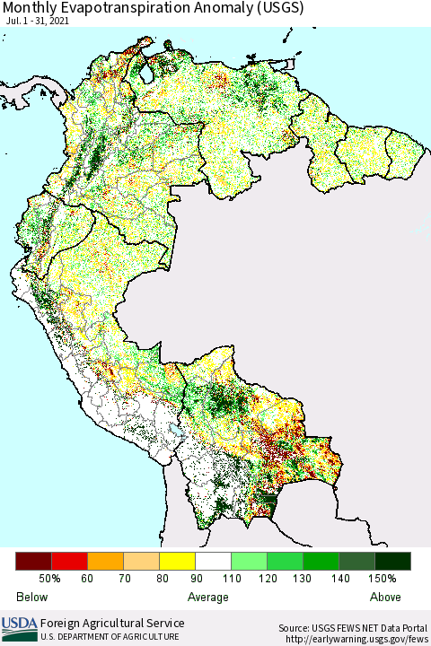 Northern South America Monthly Actual Evapotranspiration Anomaly (USGS) Thematic Map For 7/1/2021 - 7/31/2021