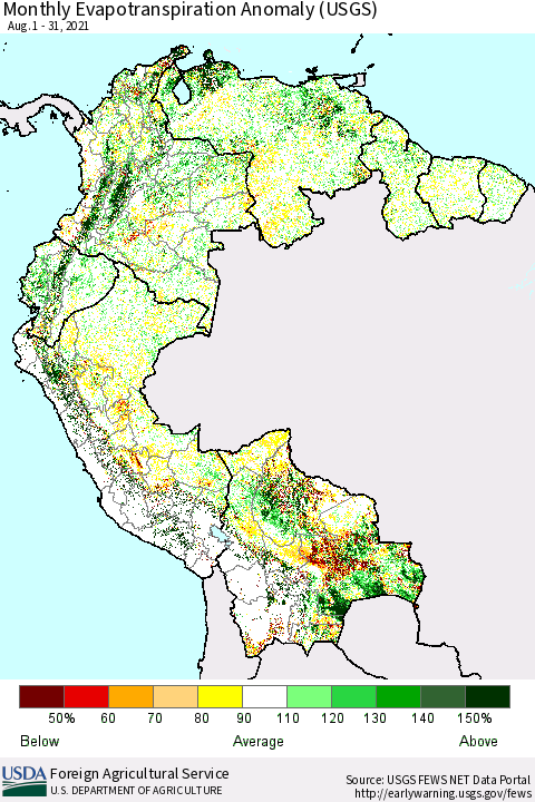 Northern South America Monthly Actual Evapotranspiration Anomaly (USGS) Thematic Map For 8/1/2021 - 8/31/2021