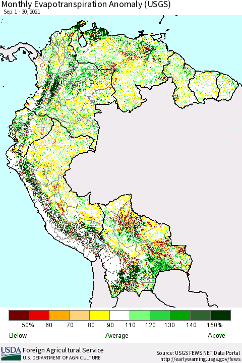 Northern South America Monthly Actual Evapotranspiration Anomaly (USGS) Thematic Map For 9/1/2021 - 9/30/2021