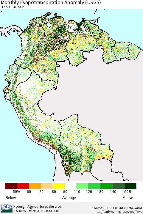 Northern South America Monthly Actual Evapotranspiration Anomaly (USGS) Thematic Map For 2/1/2022 - 2/28/2022