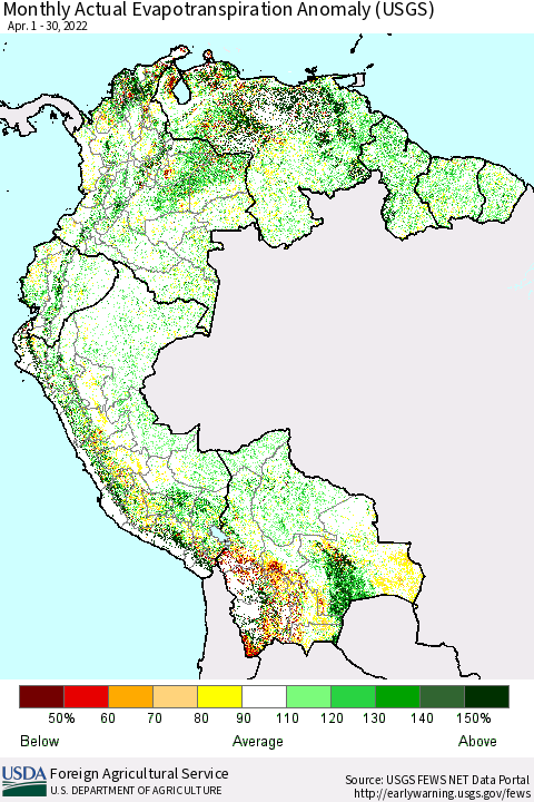 Northern South America Monthly Actual Evapotranspiration Anomaly (USGS) Thematic Map For 4/1/2022 - 4/30/2022
