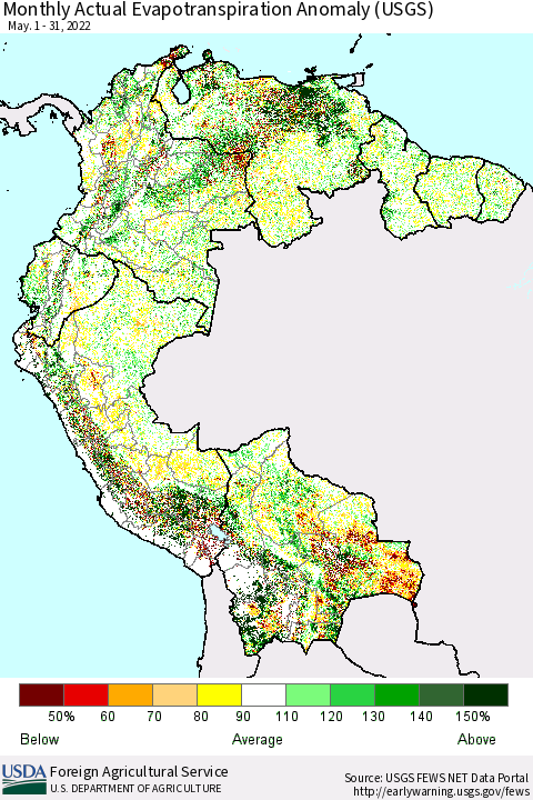 Northern South America Monthly Actual Evapotranspiration Anomaly (USGS) Thematic Map For 5/1/2022 - 5/31/2022