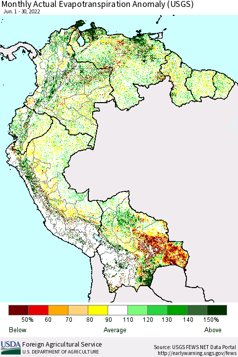 Northern South America Monthly Actual Evapotranspiration Anomaly (USGS) Thematic Map For 6/1/2022 - 6/30/2022