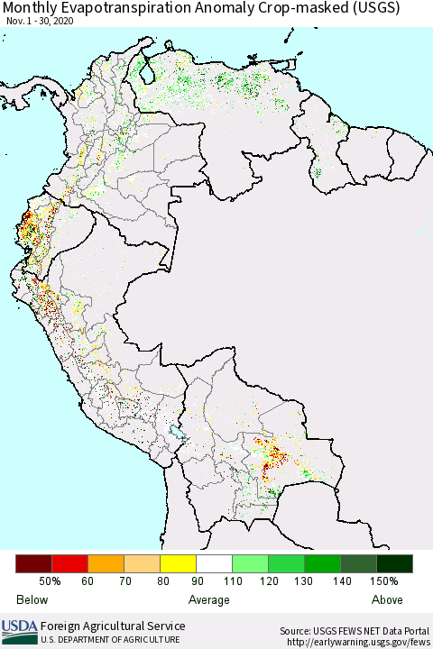 Northern South America Monthly Actual Evapotranspiration Anomaly over Croplands (USGS) Thematic Map For 11/1/2020 - 11/30/2020