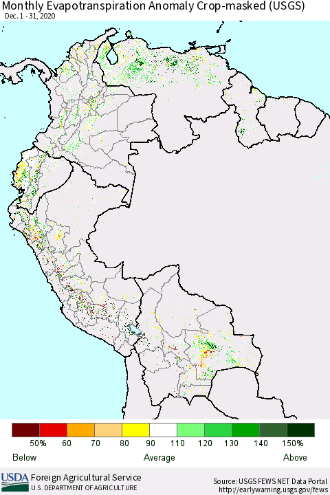 Northern South America Monthly Evapotranspiration Anomaly Crop-masked (USGS) Thematic Map For 12/1/2020 - 12/31/2020