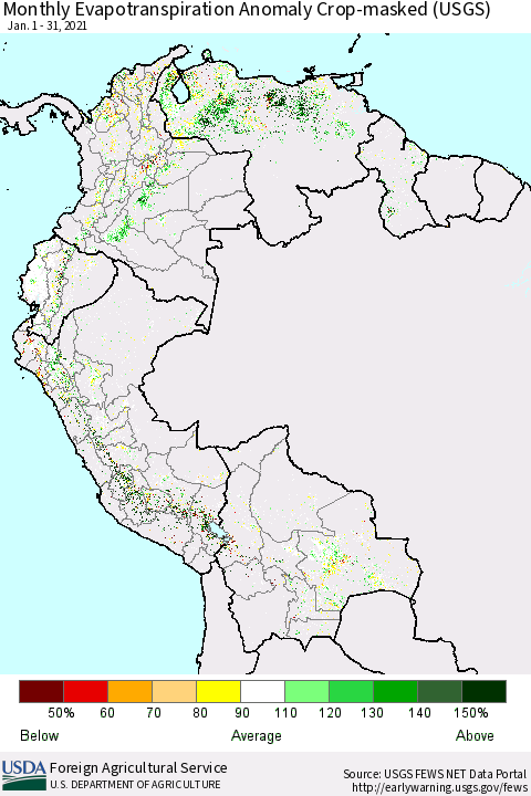 Northern South America Monthly Evapotranspiration Anomaly Crop-masked (USGS) Thematic Map For 1/1/2021 - 1/31/2021